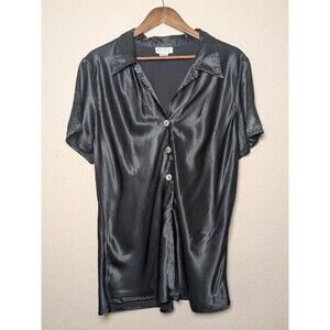 Black Satin Open Bottom Button Shirt Size Large Made in USA 90s Y2K Grunge